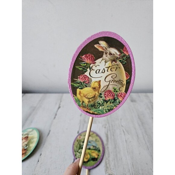 Shabby chic vintage style Easter egg sign glitter rabbit chicken girl unique set - Picture 4 of 10